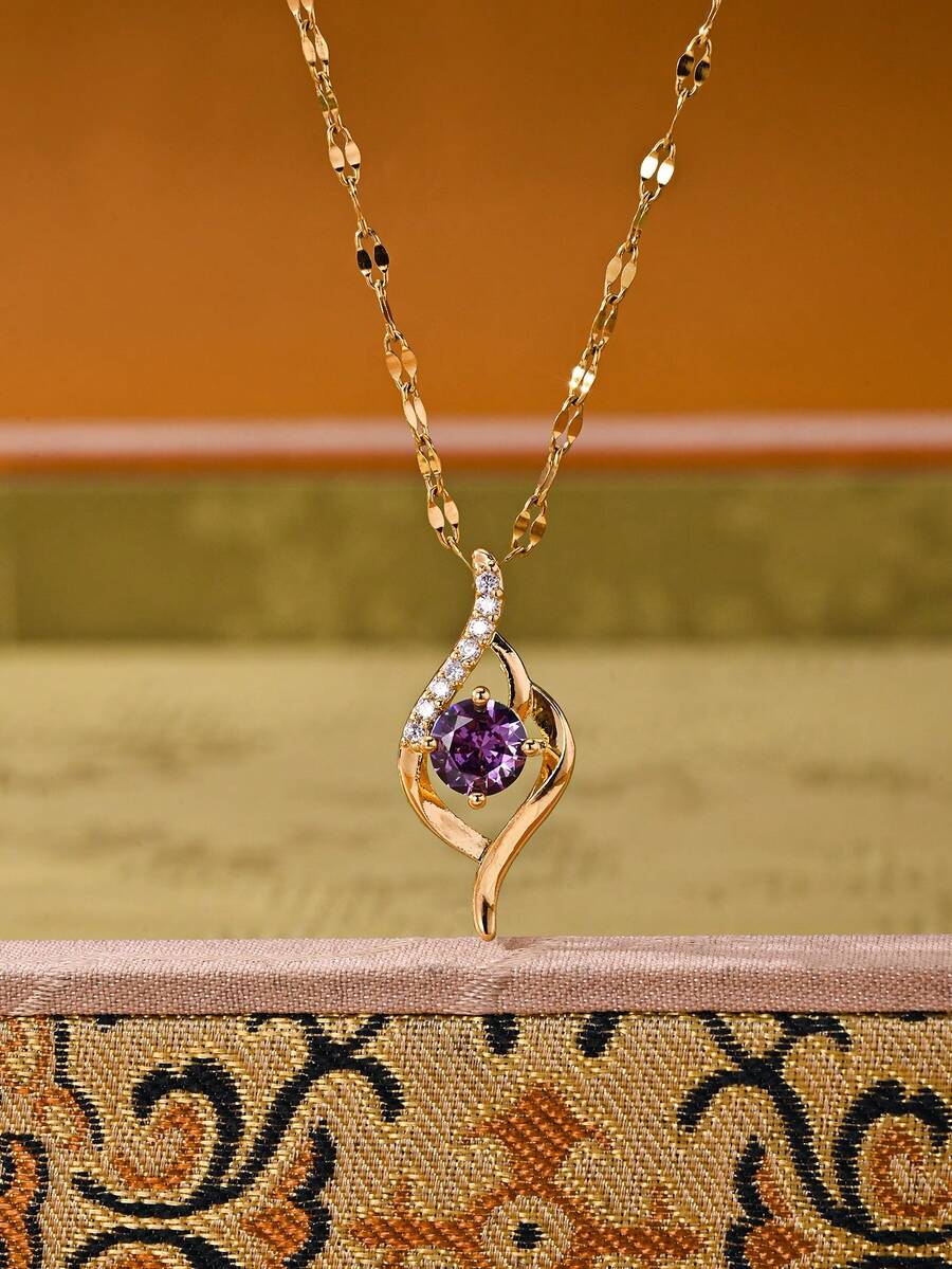 1pc Gold & Purple Stainless Steel Necklace, Material, Harmless To Body, Eternal Classic Element, High-Quality Minimalist Style, Suitable For Daily Wear - Gold - View 1