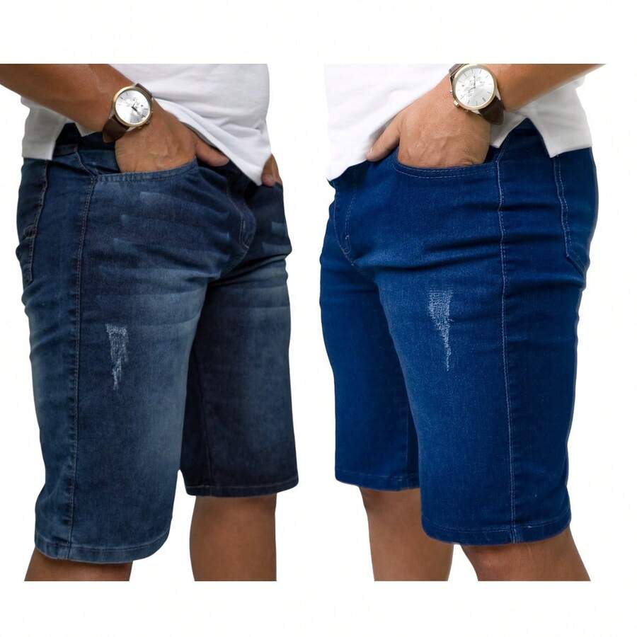 KIT 2 Bermudas Masculinas Jeans Denim Casual | Combo Azul Puído e Azul Bigode para o Dia a Dia