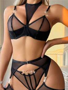 Women Mesh Lingerie Set Strappy Underwire Garter Belt Lingerie Set - 黑色 - 查看 2