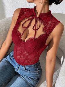 1pc Fashionable Y2K Lace Mesh Fishbone Bustier Crop Top, Sexy Fitted Corset Top For Party, Holiday Gift, Christmas, Valentine's Day, Halloween - Burgundy - View 7
