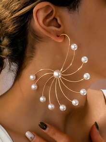 1对女士时尚耳环，夸张奢华仿珍珠几何扇形耳环，适合日常佩戴和正式场合 - 金黃色 - 查看 1