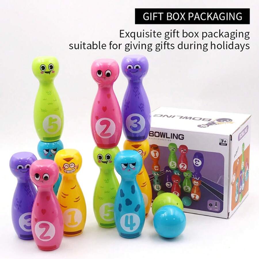 Juguetes de bolos para niños, caja de regalo con expresión divertida de dibujos animados, embalaje adecuado para juegos de en interiores y exteriores, 10 botellas y 2 bolas SX4U - juguete de bolos - Ver 1