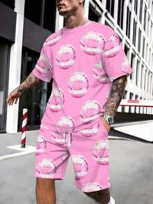 Two-Piece, Fresh And Fun, Knitted Fabric, Vivid Pattern, Men's Theme Parties, Summer Terrace Soirees, Pink Background With Disco Ball All-Over Print, Men's Short-Sleeve Beach Pants Set - 彩色 - 查看 3