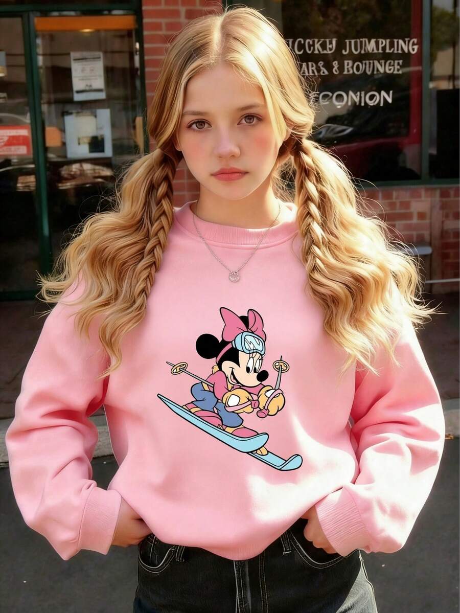 Disney Officially Licensed | New Arrival | Disney Limited Edition Design | Minnie Mouse Skiing Print | Pink Unisex Kids' Casual Sweatshirt | 100% Polyester | Ultra Comfortable & Super Soft | For Ages 1-14 | High Appearance Value, High Compliments, Versatile For Daily Wear, Ideal For Commute, Relaxed Fit, Stylish | Perfect For Fall/Winter, Daily, Outdoor & School Use | Express Delivery - 粉色 - 查看 1