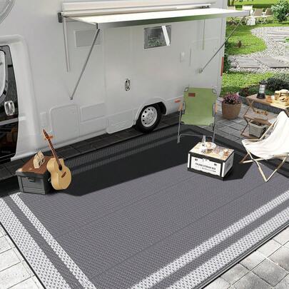 1 pieza Alfombra de exterior, 6x9 pies, alfombra impermeable para patio, estera de paja plegable y reversible para caravana, autocaravana, terraza, picnic, porche, camping, balcón, playa, gris y blanco