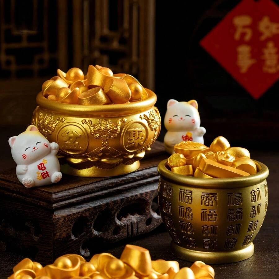 微缩逼真金色财富滚动微景观DIY新年金色饰品,元宝摇钱树装饰,迷你逼真金币,元宝,金条,算盘,如意,花生,大米,福罐,宝罐 - 金色 - 查看 1