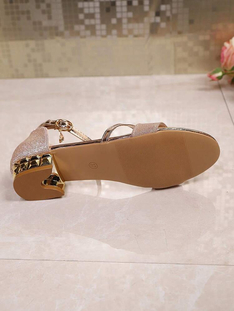 1 Pair Summer Fashion Elegant Lady Princess Style Outdoor Low Heel Ankle Strap Sandals For Teenagers, Suitable For Parties And Dances - Pink - View 6