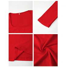 Vaiaye Women's Spring-Summer Sexy Fitted Long Sleeve Knit Top, Solid Color Square Neck T-Shirt, Casual & Versatile,Minimalist Casual Daily Wear - 紅色 - 查看 11