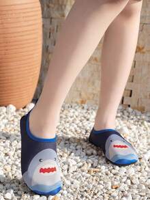 Spring/Summer Kids Cute Cartoon Shark & Dinosaur Pattern Outdoor Casual Breathable Soft Bottom Lightweight Water Shoes, Beach Socks, Diving Shoes - Navy Blue - View 4