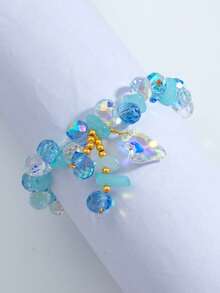 1pc Summer Woven Shiny Bracelet, Sea Blue Iridescent Heart Charm Elastic Bracelet, Teens & Girls Jewelry - Style 1 - View 13