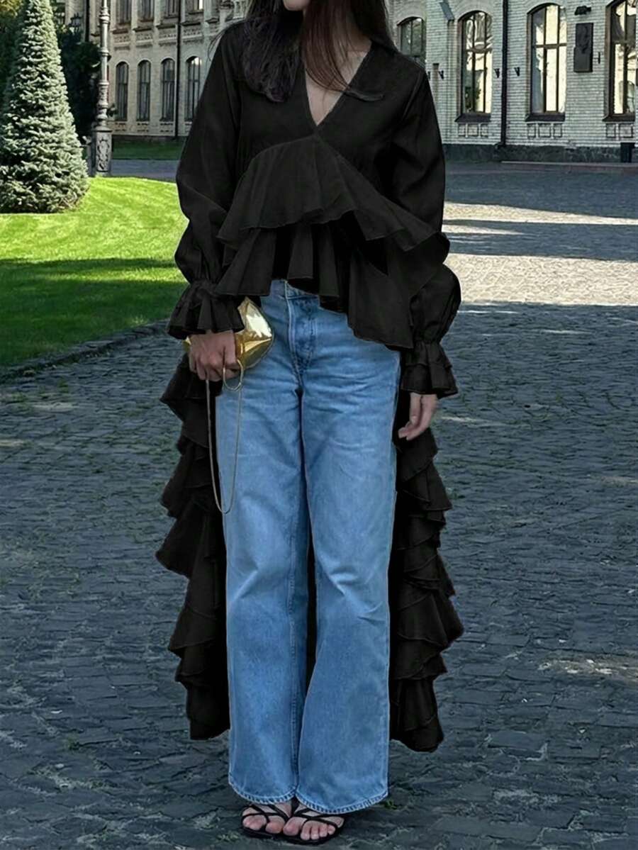 宽松休闲白色女式衬衫，时尚V领长袖衬衫，优雅不对称荷叶边下摆上衣，梭织面料饰有褶皱荷叶边，适合日常穿着，春夏黑色 - 黑色 - 查看 1