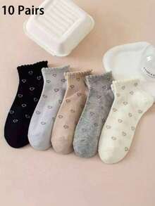 5/10 Pairs Sweet Heart Pattern Ruffle Trim Women's Ankle Socks, Lightweight Breathable Comfortable Casual Socks - Multicolor - View 7