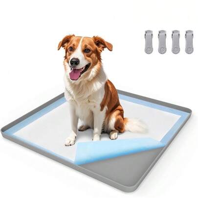 Pee Pad Holder For Dog, 24" * 24" Puppy Pad Holder With Clamps, Raised Edges Leak-Proof Dog Pee Pads Holders, Silicone Potty Pads For Dogs, Easy To Clean Indoor, Gray