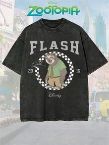 Disney Official Licensed Zootopia Flash 2016 Varsity Print Vintage Wash 230g Cotton Crew Neck Unisex Tee - Black - View 1