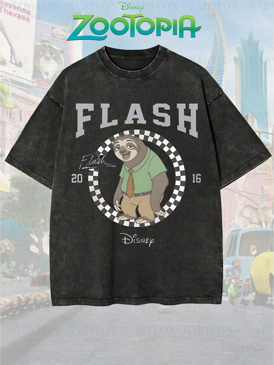 Disney Official Licensed Zootopia Flash 2016 Varsity Print Vintage Wash 230g Cotton Crew Neck Unisex Tee - Black - View 1