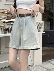 Quần short denim xếp ly dáng rộng, chất liệu denim mài, thích hợp mặc mùa hè, dành cho nữ. - Màu xanh lam - Xem 6