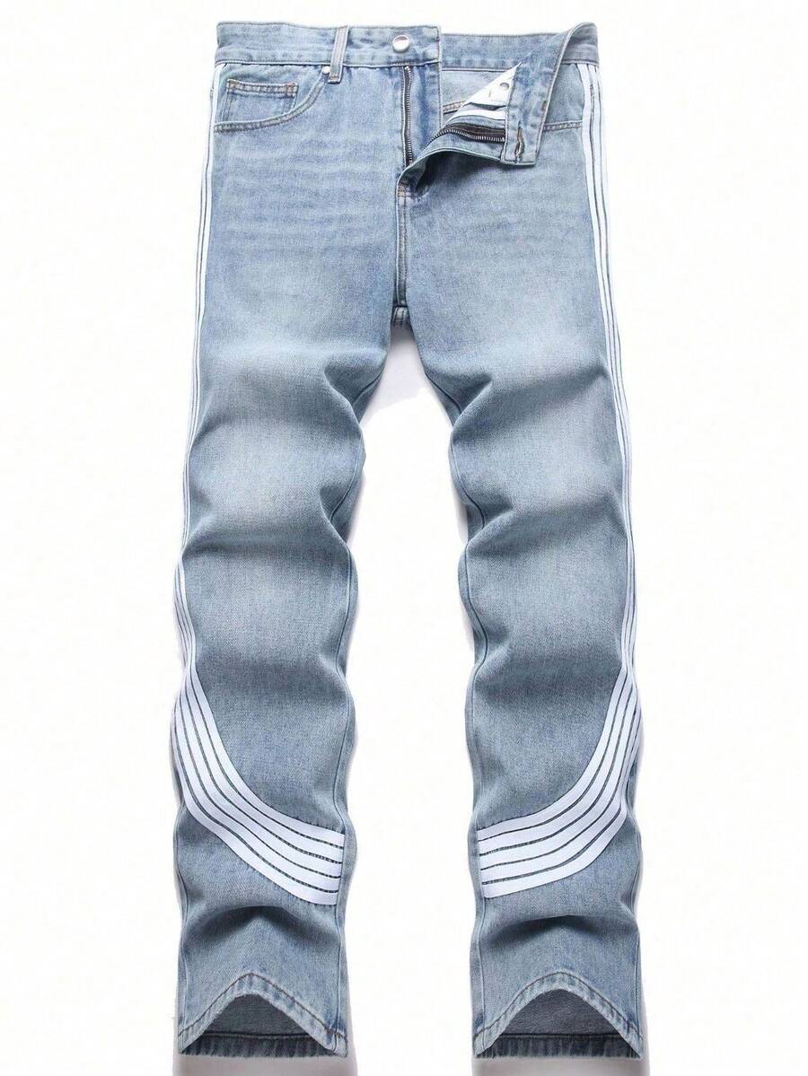 2026 American High - Street Youth Men's Harajuku Style Three - Stripe Black - Blue Straight - Leg Jeans For Fashionable Streetwear And Stylish OOTD, Purple Jeans Option Available For Men's Fashionable Trousers - 藍色 - 查看 1