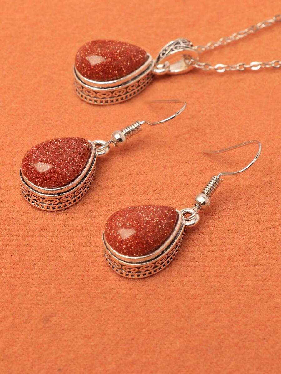 3pcs Water Drop Goldstone Necklace & Earrings Jewelry Set, Spring Gemstone Accessories For Women - Gold Sand Stone - View 1