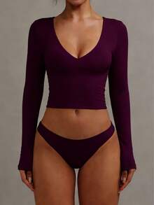 XLLAIS Sexy V-Neck Long Sleeve Cropped Top, Double-Layer High Elasticity Yoga Fabric Casual - Purplish-red - View 1