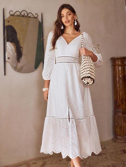 Simplee Vestido Floral Longo de Manga Comprida com Bordado Vazado e Fenda, Elegante e Sólido, Novo para o Verão, Adequado para Passeios, Férias, Festivais de Música, Encontros