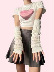 1双甜美可爱芭蕾舞风格系带臂套，针织白色半指手套袖套，洛丽塔公主风臂套，适合约会/日常穿着 - 251#白+粉絲帶 - 查看 10