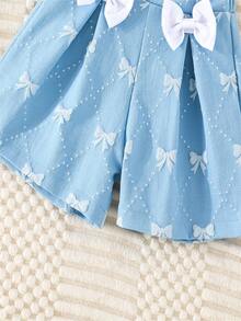 Conjunto de 2 piezas para niñas con blusa sin mangas con cuello + shorts con lazo, color azul claro, lindo y dulce - Azul menta - Ver 7