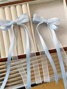 2件套优雅蕾丝缎面蝴蝶结发饰，女士高端发夹，时尚发饰，带缎面尾饰，爪夹，发卡，发爪，发夹，发卡 - 淺藍色 - 查看 5