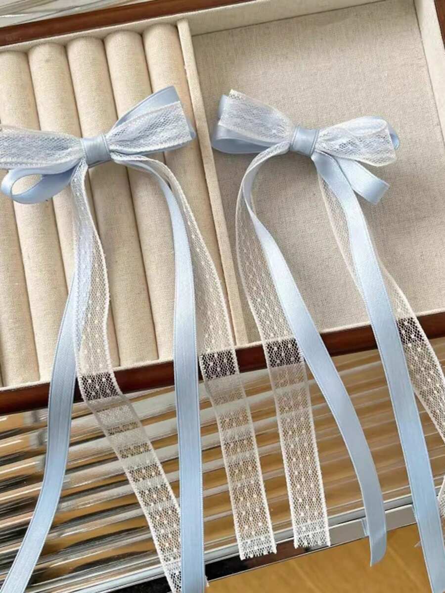 2 chiếc phụ kiện tóc nơ ren satin thanh lịch, kẹp tóc cao cấp dành cho nữ, phụ kiện tóc thời trang với đuôi satin, kẹp càng cua, ghim cài tóc, móng vuốt tóc, kẹp trượt tóc, kẹp tóc cài đầu, trâm cài tóc. - Màu xanh nhạt - Xem 1