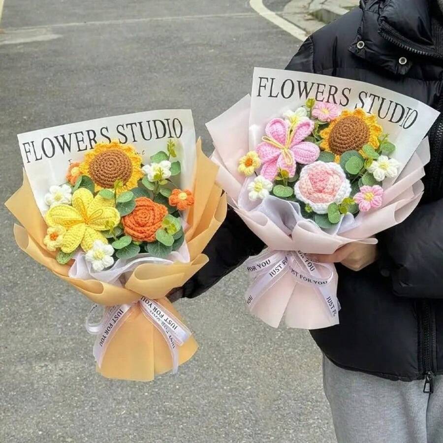 针织花束 手工钩编花束 母亲节礼物 成品手工编织花束 生日情人节礼物 - 彩色 - 查看 1