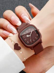 6pcs/Set Women's Silicone Watch With Square Dial, Fashion Casual Quartz Wristwatch + Heart-Shaped Bracelet (Watch Box Not Included) - Multicolor - View 2