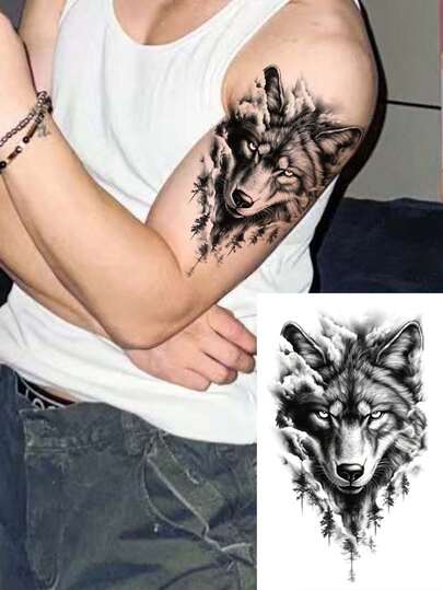 1pc Cool Wolf Head Temporary Paper Tattoo, Wolf King Animal Tattoo Sticker, Fashionable, Realistic, Universal Body Art Tattoo, Temporary Fake Tattoo, Realistic Long-Lasting Non-Reflective Tattoo Sticker, Waterproof Sweatproof, Lasting Tattoo Sticker, Suitable For Arms, Back, Waist, Legs, Can Last 7-10 Days On Skin