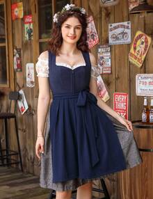MODISFRAU Dirndl Damen Midi Trachtenkleid Jacquar Trachtenmode Dirndlkleid inkl. Dirndlbluse Dirndlschürze 3 teilig für Oktoberfest Besondere Anlässe - marineblau - Übersicht 1