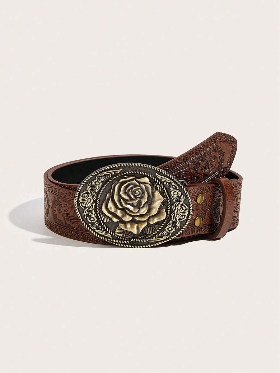 1 pieza Cinturón de vaquera de metal con baño de oro rosa y patrón retro de dragón marrón, adecuado para vestidos, faldas, vaqueros, fiestas, eventos del oeste, conciertos, citas, regalos, vacaciones, actividades al aire libre, mujeres, madres - Rosa marrón con estampado de dragón - Ver 1
