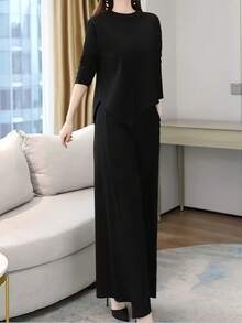 2026 Spring New Minimalist Asymmetrical Two-Piece Set – Flowy Waist-Cinching Top + Wide-Leg Trousers, Elegant Modern Luxury Women's Suit - màu đen - Xem 5