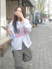 休闲宽松拉链卫衣外套，复古美式街头风春季款 - 灰色 - 查看 7