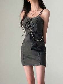 女士性感吊带紧身牛仔连衣裙 - 灰色 - 查看 4
