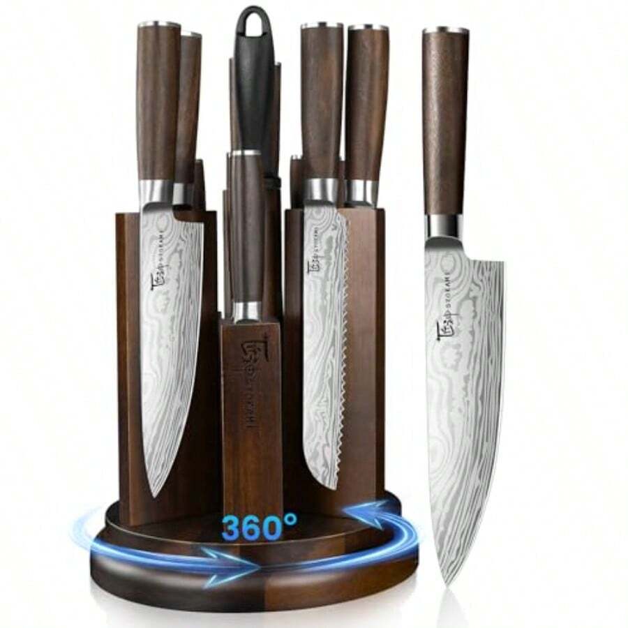 Kitchen Knife Set With Magnetic Block And Sharpener 14 Piece Knife Set 360 Rotatable Holder Ultra Sharp High Carbon Stainless Steel Knives Sets With Steak Knives Ideal Gift - Rotatable Block - View 1