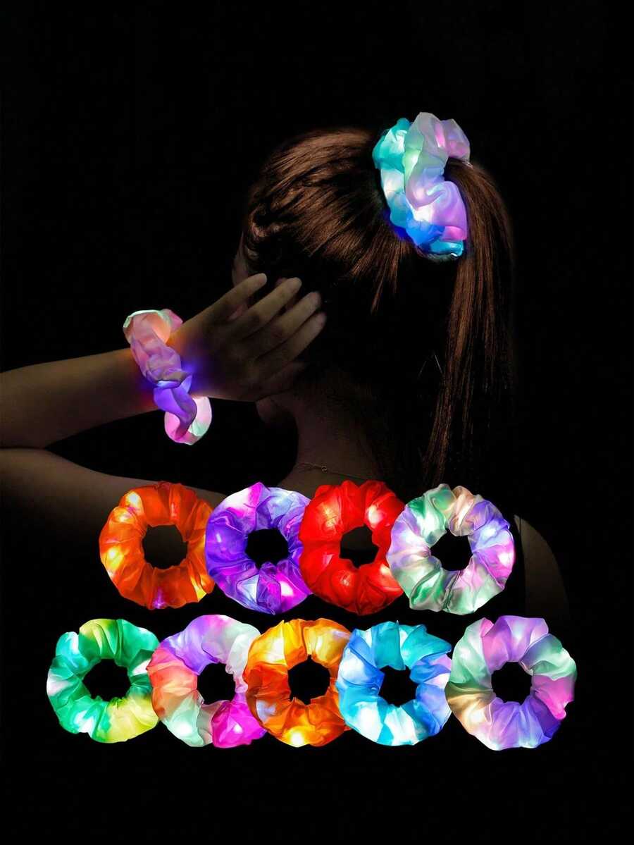 Bộ 10 chiếc dây buộc tóc LED phát sáng ngẫu nhiên màu sắc, dây buộc tóc LED phát sáng dành cho nữ, băng đô LED nhiều màu sắc, thích hợp cho tiệc tùng, trang trí lễ hội, phụ kiện tiệc neon với nhiều chế độ chiếu sáng.