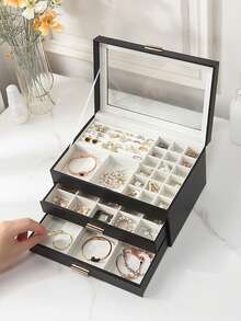 CASEGRACE 1pc Clear Lid Jewelry Storage Box, 3 Layers Jewelry Organizer, Large Multifunctional Jewelry Box With 3 Drawers, Jewelry Display Case Of Rings Earrings Necklace Bracelets - Multicolor - View 5