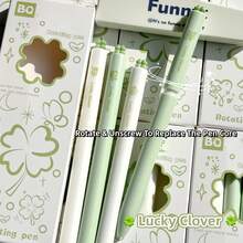 4支/套 高品质绿色三叶草旋转笔，黑色墨水，幸运三叶草元素，0.5毫米中性笔尖，学生文具，返校礼物 - 四葉草旋轉筆 - 查看 8