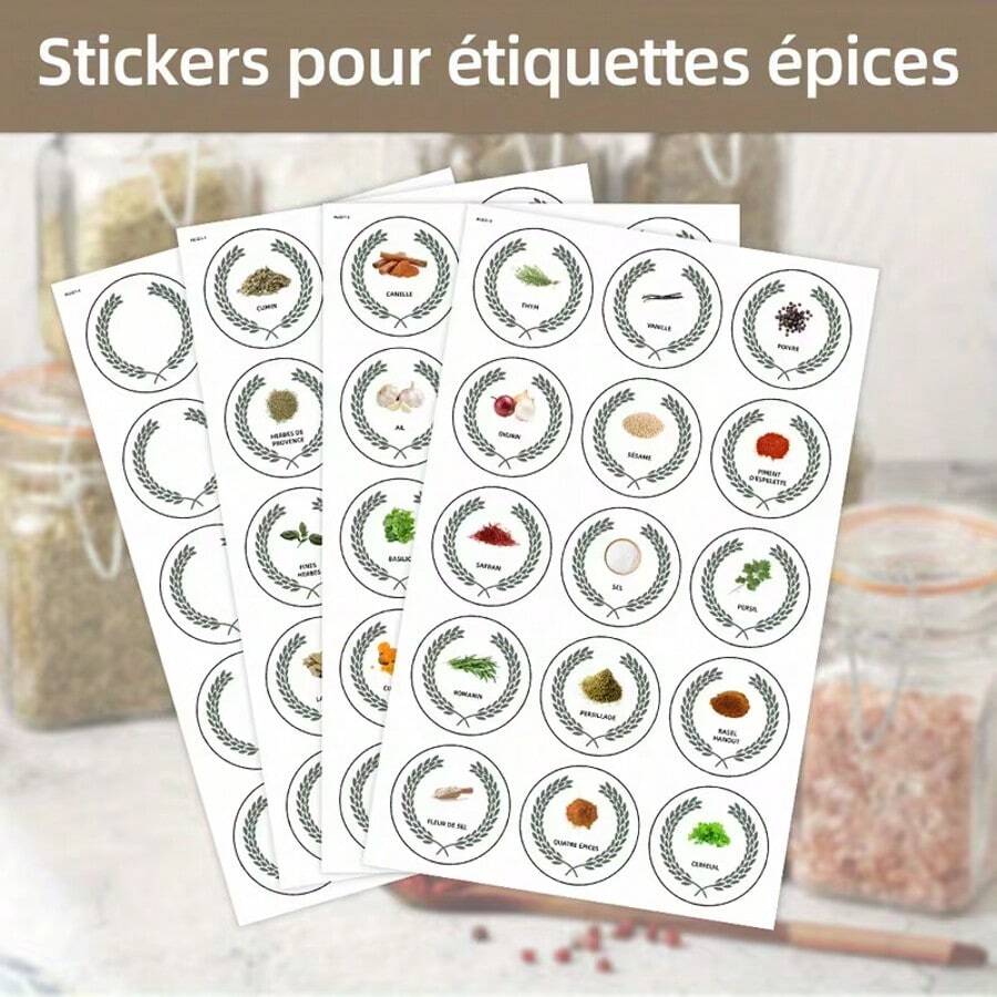 60pcs/Set French Self-Adhesive Spice Labels, Including 45pcs Spice Pattern & Letter Stickers And 15pcs Blank Labels, For Jars, Bottles, Boxes, Identifying Various Seasonings - 56 Small Radiation Stickers - View 1