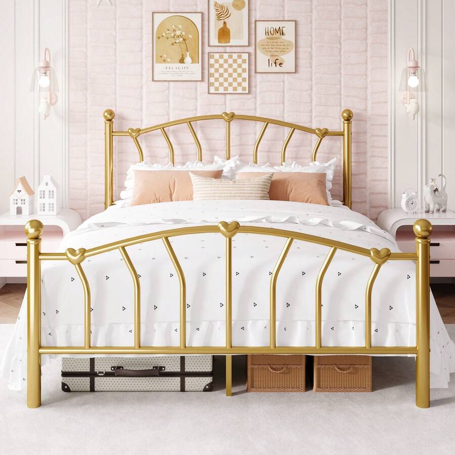 Allewie 14 Inch Twin/Full/Queen/King Size Metal Platform Bed Frame With Heart-Shaped Headboard And Footboard/Iron-Art Mattress Foundation/Under Bed Storage/No Box Spring Needed/Easy Assembly/Noise-Free/Gold - 金色 - 查看 1