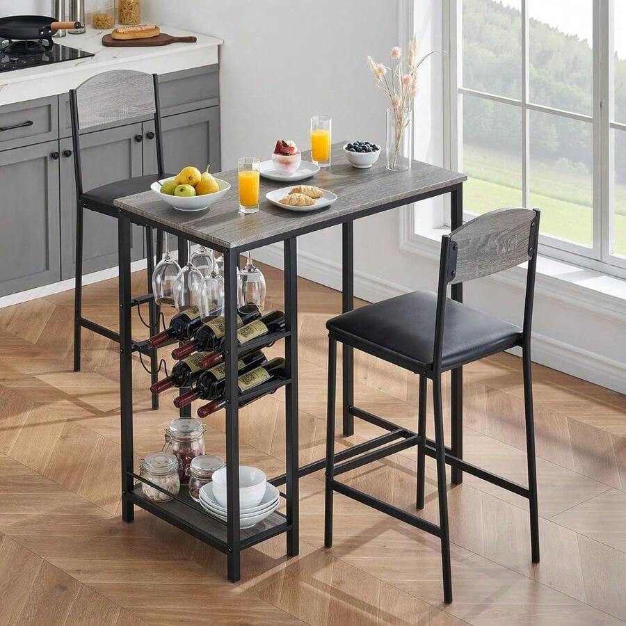 Mesa y silla de bar de 3 piezas para 2 personas, mesa de comedor de cocina con estante de vino y estantes de almacenamiento para espacio pequeño, mesa de altura del mostrador de cocina para el desayuno, apartamento - Gris - Ver 1