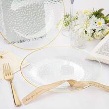50pcs/Set Transparent Gold Rim Hammered Round Plates, 10.25" Large Plate, 7.5" Small Plate, Reusable And Easy To Clean Lovely Dinnerware, Suitable For Weddings, Birthdays, Family Gatherings, Outdoor Team Building, Schools, Back To School Events - View 8