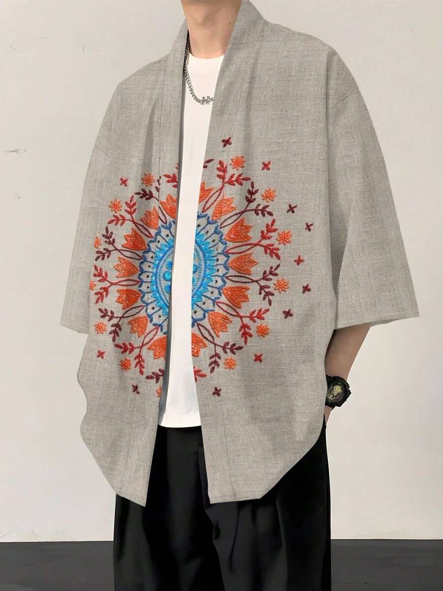 Vintage Bohemian Style! Grey Orange-Blue Mandala Print Woven Cardigan, Elegant And Eye-Catching, Men's Spring And Summer Business Casual And Holiday Gift Choice, Grey Orange-Blue Mandala Pattern Men's Printed Cardigan - Nhiều màu - Xem 1