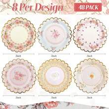 48 PCS Vintage Floral Paper Plates 7 Inch Scalloped Flower Tea Party Plates Disposable Cake Dessert Plate For Birthday Bridal Shower Baby Shower Wedding Party Decorations Floral - 粉色 - 查看 2