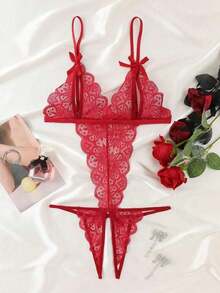 Seductive Floral Lace Bodysuit - Delicate Bow Accent, Racy Split Cup & Open Crotch Design, Alluring Backless - Ultra-Soft Womens Lingerie & Underwear - 紅色 - 查看 1