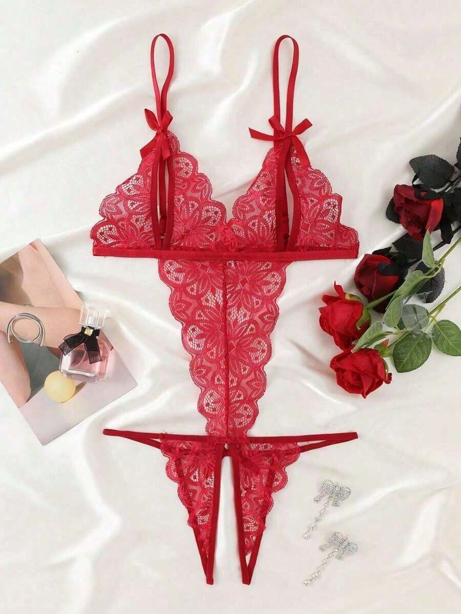 Seductive Floral Lace Bodysuit - Delicate Bow Accent, Racy Split Cup & Open Crotch Design, Alluring Backless - Ultra-Soft Womens Lingerie & Underwear - 紅色 - 查看 1