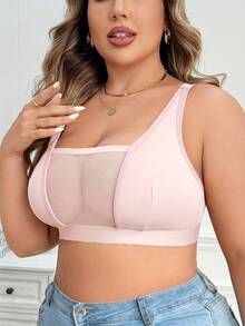 Plus Size Women's Comfortable Minimalist Wireless Bra, Mesh Patchwork, Knit Fabric - Pink - View 5