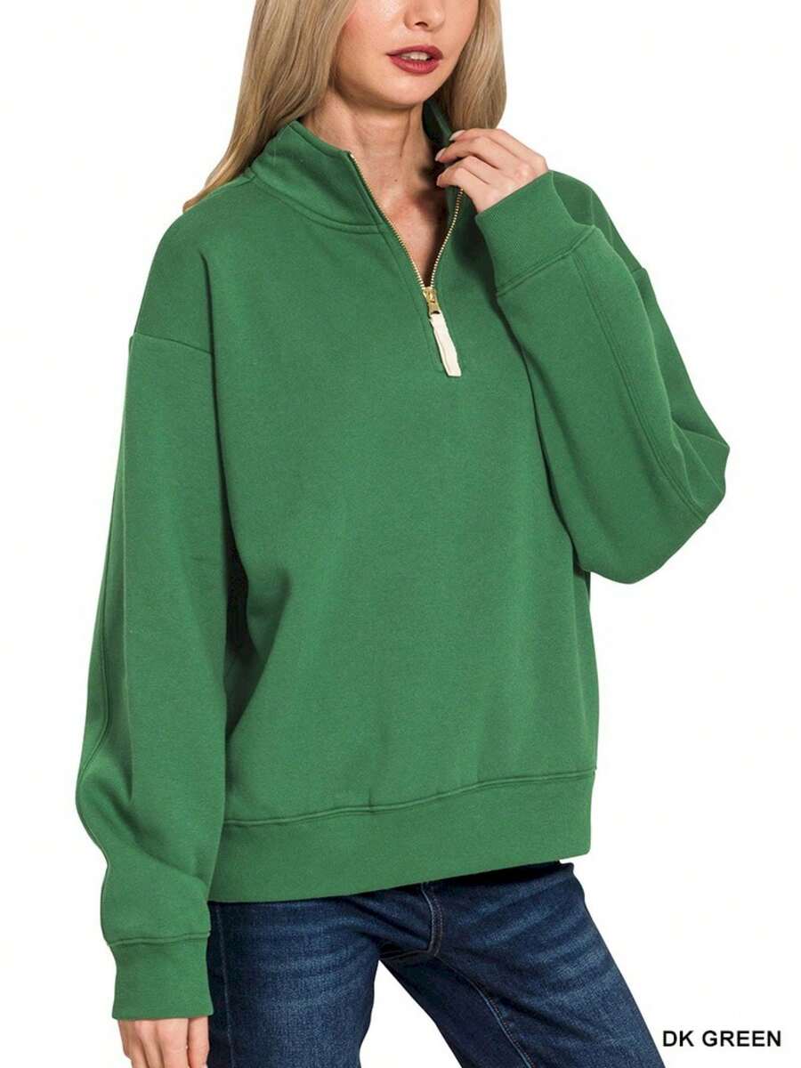 Womens Casual Half Zip Sweatshirt Modern Minimalist Oversized Pullover Athletic Sporty Streetwear Long Sleeve Mock Neck Green Fall Winter Workout Athleisure Relaxed Fit Fashion Top - 綠色 - 查看 1